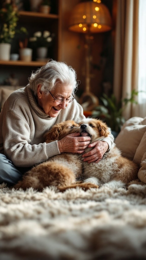 An elderly person happily interacting with two dogs in a cozy living room.