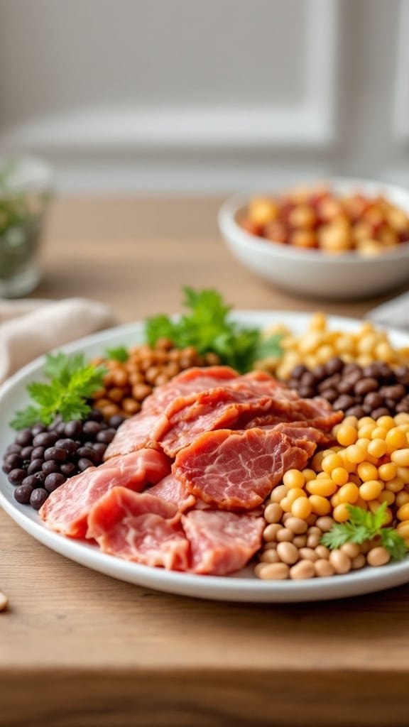 A plate filled with various protein sources such as meats and legumes, representing nutritional options for seniors.