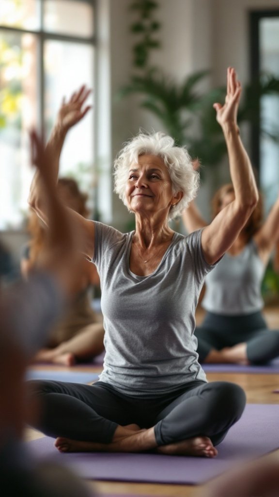 An older woman practicing yoga in a class setting, smiling and raising her arms.