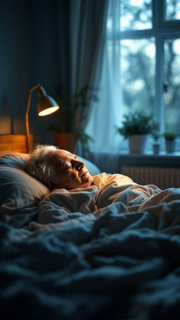 An older man peacefully sleeping in a cozy bedroom with a lamp casting a warm glow.