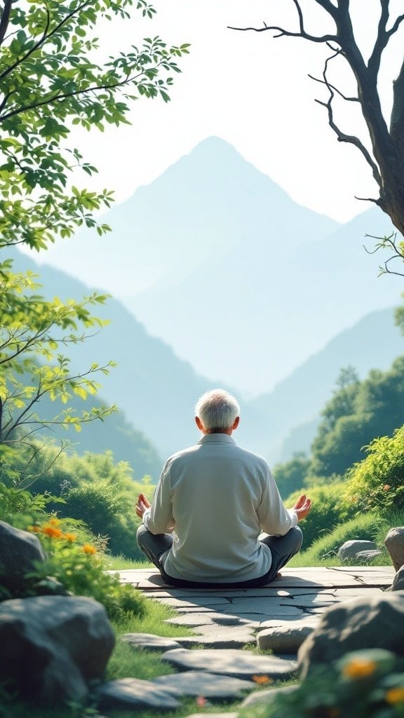 An older man meditating in a serene natural setting