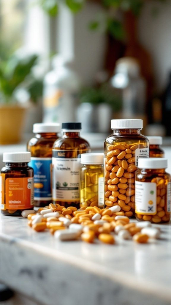 An assortment of supplement bottles displayed on a countertop