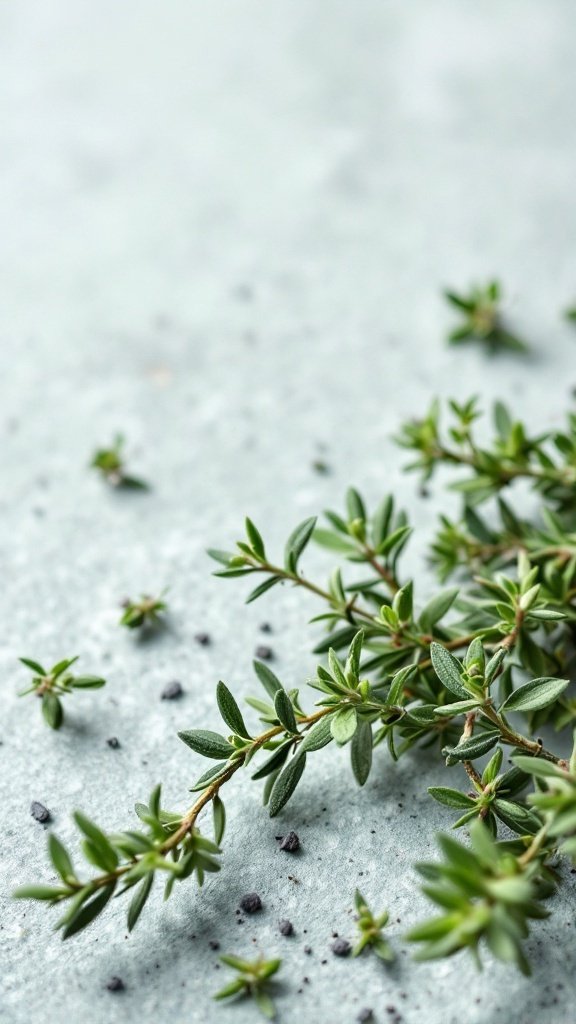 Fresh thyme leaves on a light background.