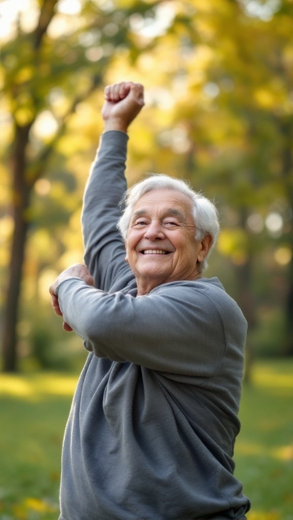 A smiling senior man raising his arm in a park, showcasing joy and energy.