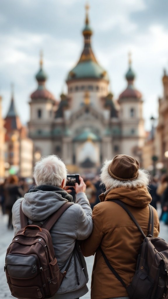 Two seniors taking a photo of an architectural site while traveling.