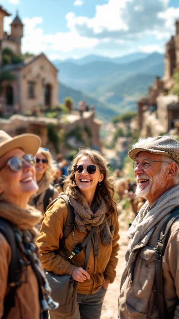A group of older adults smiling and enjoying a scenic view while traveling.