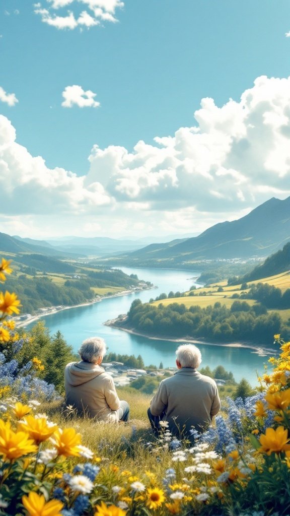Two seniors sitting by a river surrounded by flowers, enjoying a scenic view
