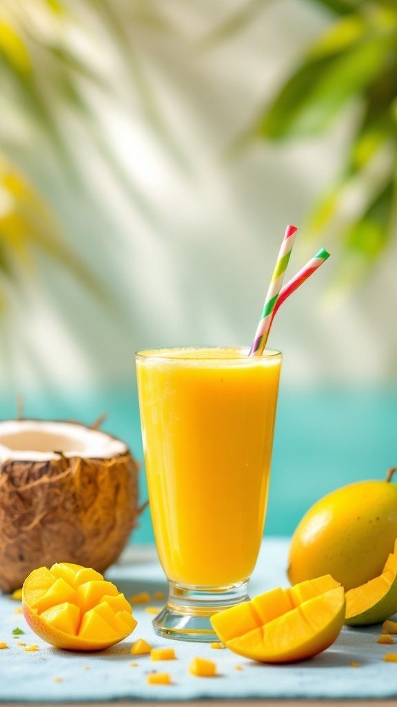 A vibrant yellow smoothie in a glass with colorful straws, surrounded by fresh mango and a coconut.
