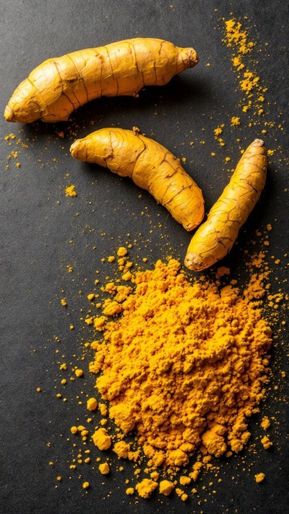 Fresh turmeric roots and turmeric powder on a dark surface.