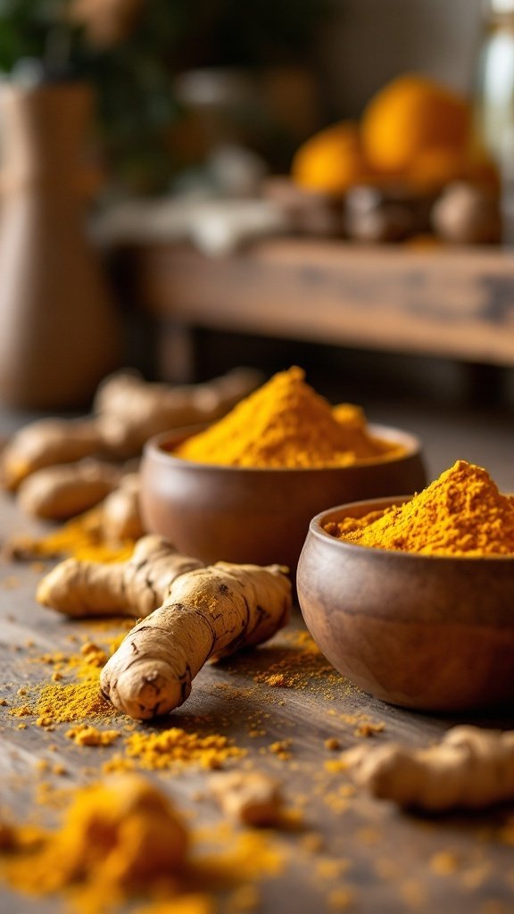 Bowls of turmeric powder and fresh turmeric roots on a wooden table.