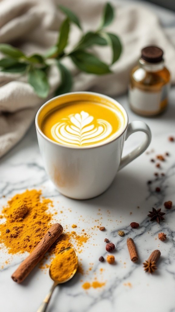 A cup of turmeric latte with spices on a marble surface, showcasing the vibrant golden color of turmeric.