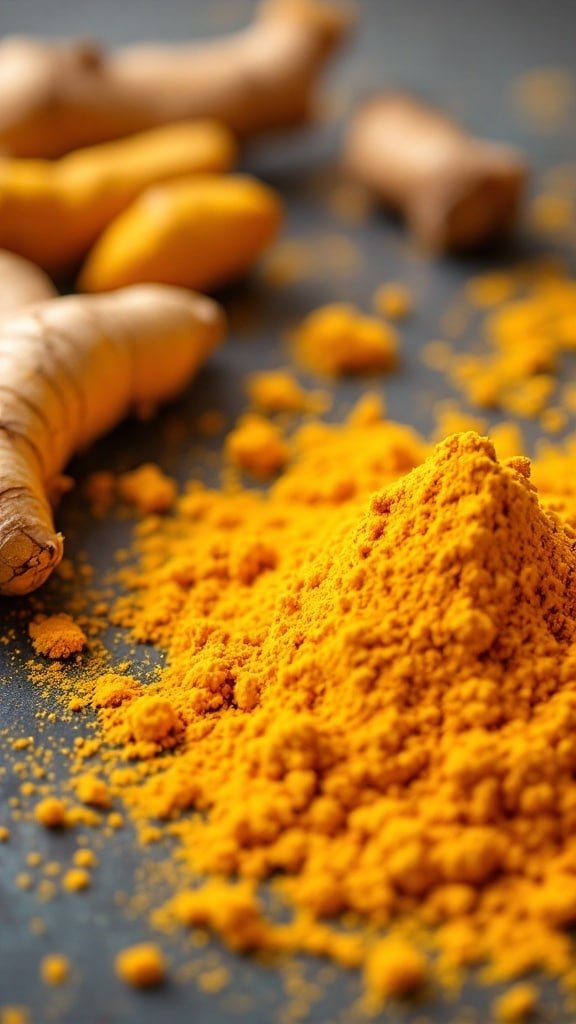 Close-up of turmeric root and powder, showcasing its vibrant yellow color and texture.