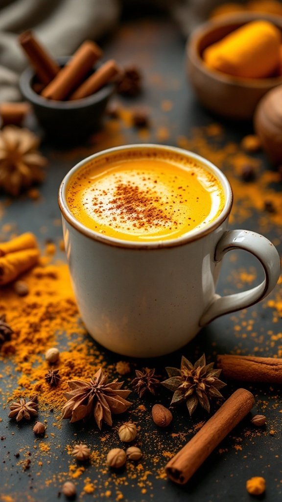 A cup of turmeric drink surrounded by spices like cinnamon and star anise on a dark surface.
