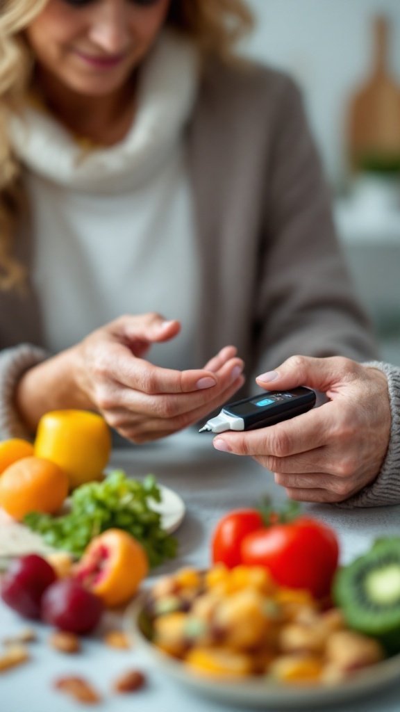 A woman checking her blood sugar levels with fresh fruits and vegetables around her.