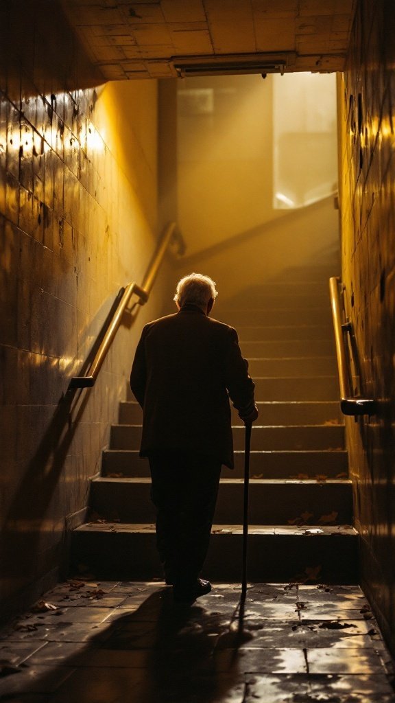 An older man walking up stairs with a cane, emphasizing fall risks for seniors.