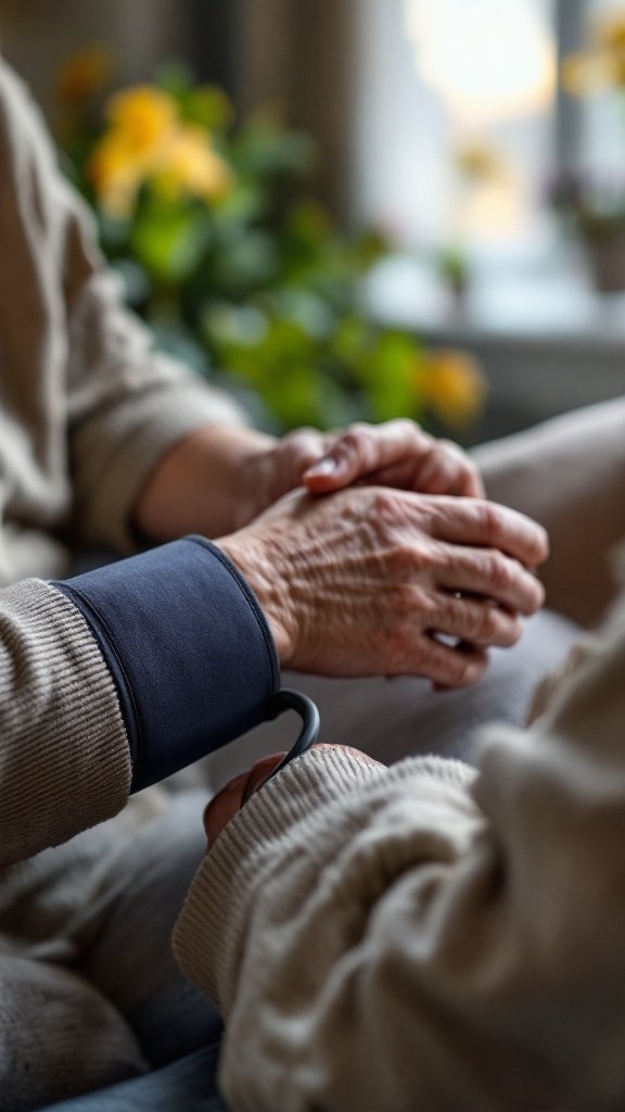 A close-up of two hands, one wearing a blood pressure cuff, showing care and concern for health.