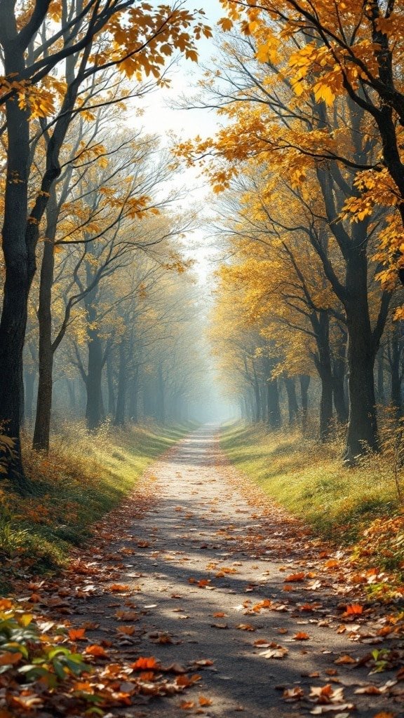 A peaceful autumn pathway surrounded by trees with orange leaves.