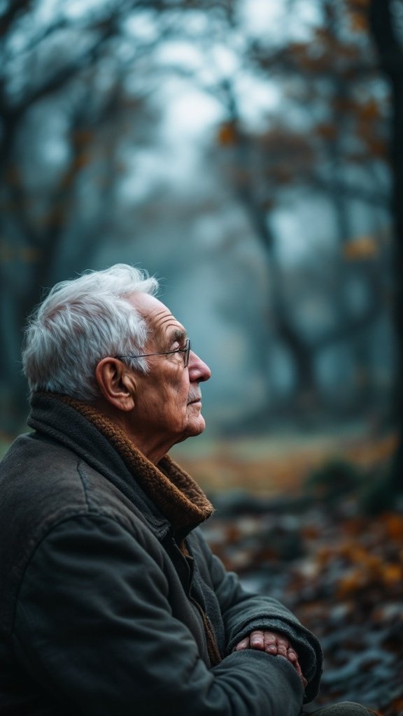 An elderly man in a contemplative pose, symbolizing the importance of mindfulness in heart health.