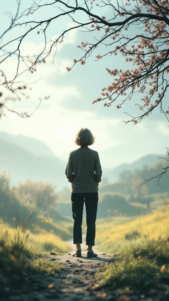 A senior woman standing peacefully in nature, reflecting on her journey