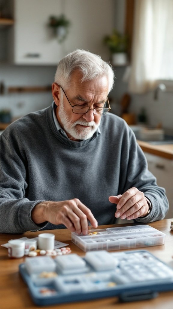 A senior man organizing his medications into a pill organizer at a kitchen table.