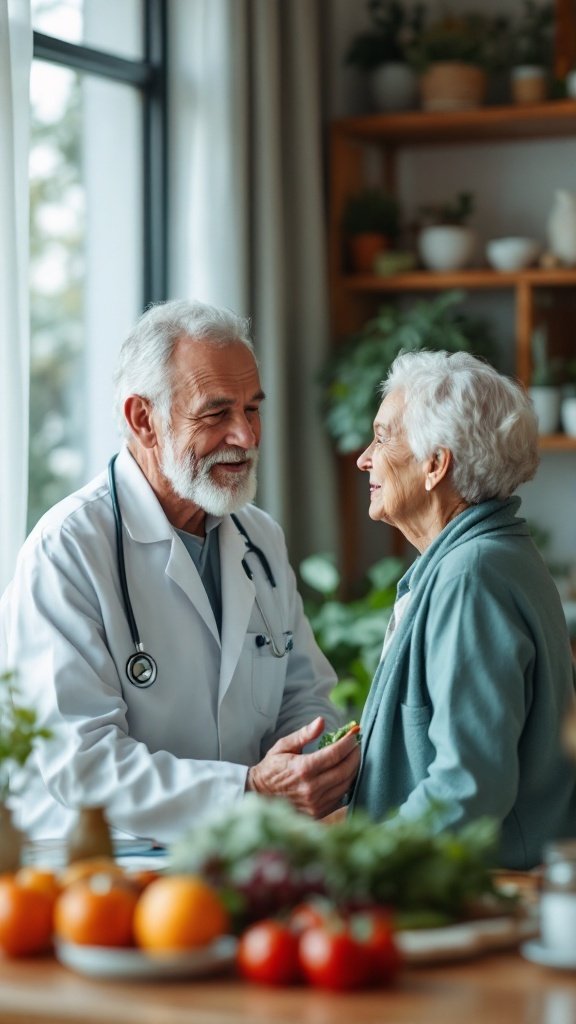 A doctor talking to an elderly woman with fresh produce in the foreground.