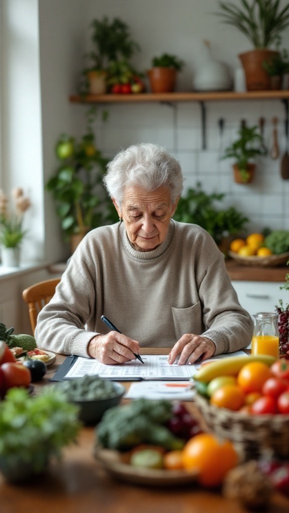 An elderly person writing on a notepad surrounded by fresh fruits and vegetables in a cozy kitchen setting.