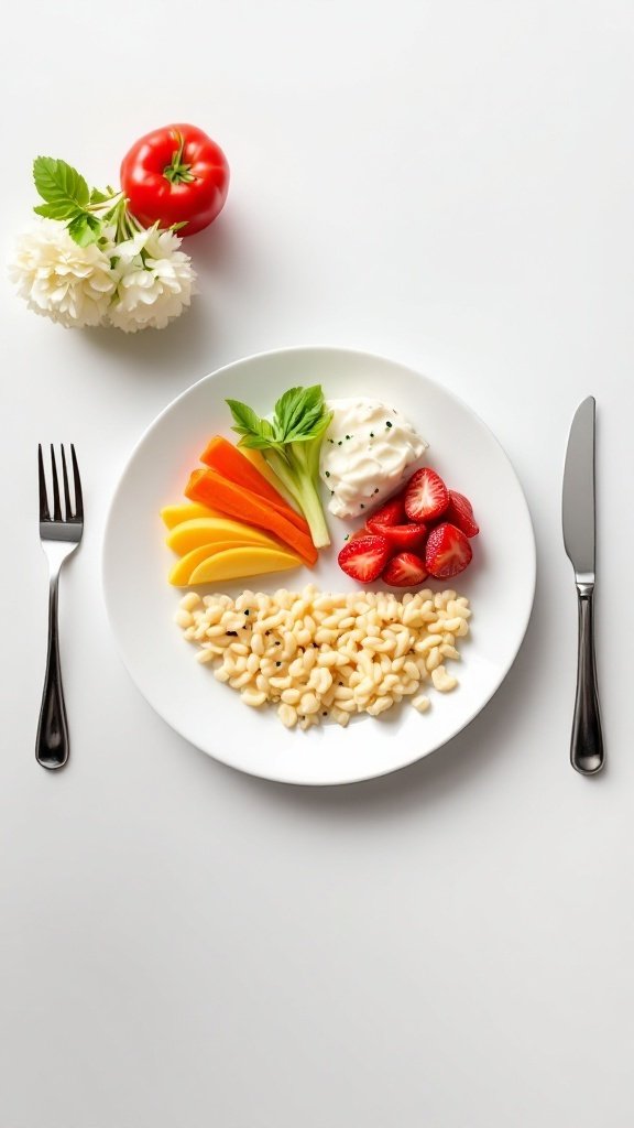 A balanced plate featuring colorful fruits, vegetables, grains, and yogurt, emphasizing portion control.