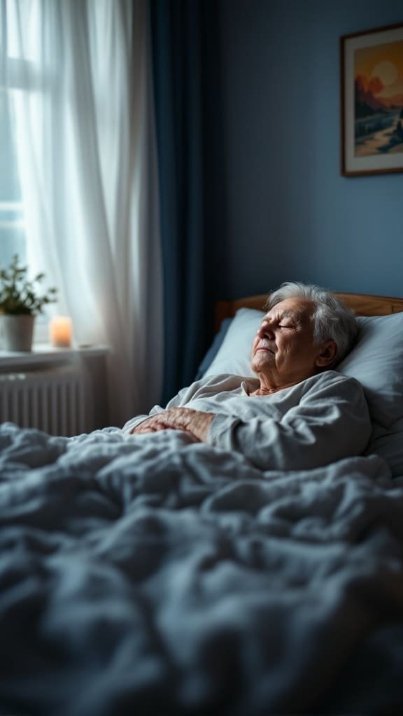 An elderly person sleeping peacefully in bed, bathed in soft light, symbolizing the importance of sleep for heart health.