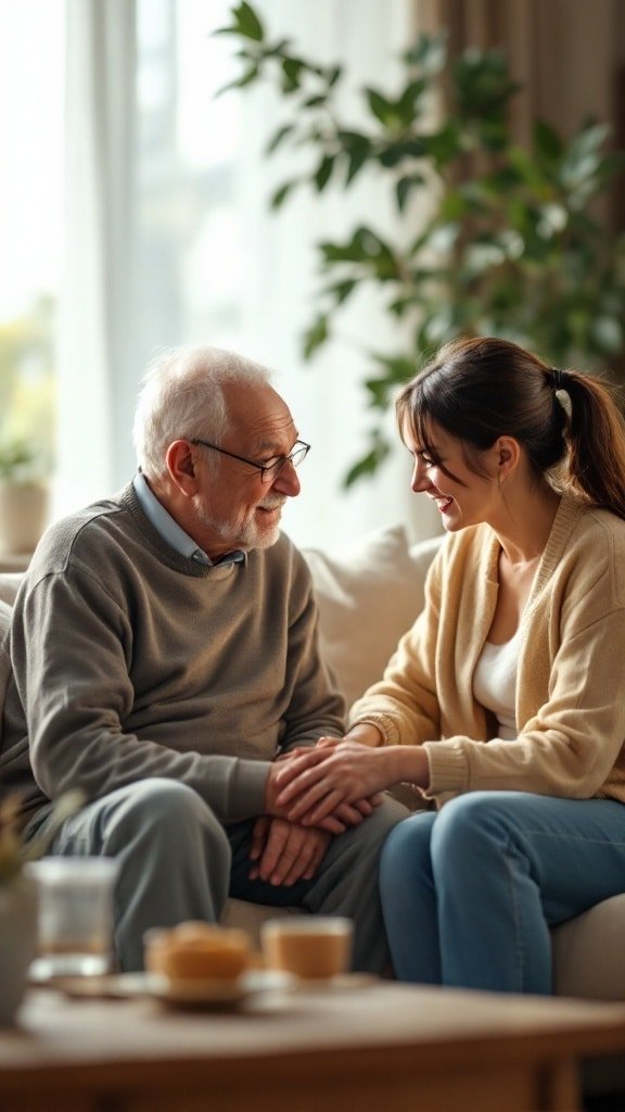 A young woman and an elderly man sitting together, smiling and holding hands, conveying warmth and connection.