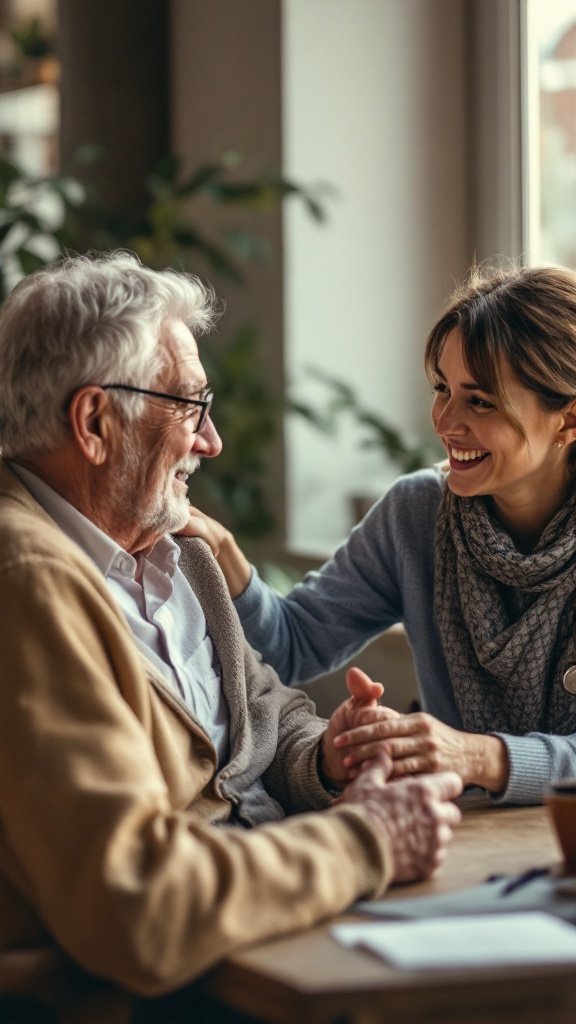 An older man talking with a mental health professional, both engaged in a warm and supportive conversation.