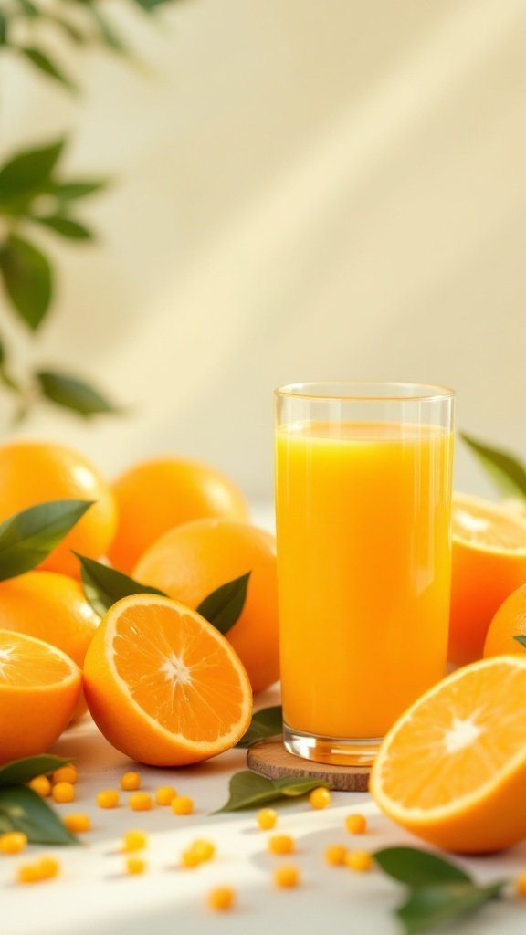 A glass of fresh orange juice surrounded by whole and halved oranges on a light background.