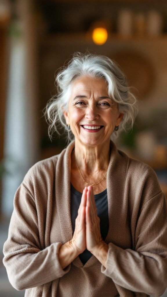 A smiling senior woman with gray hair, dressed comfortably, showing a positive attitude.
