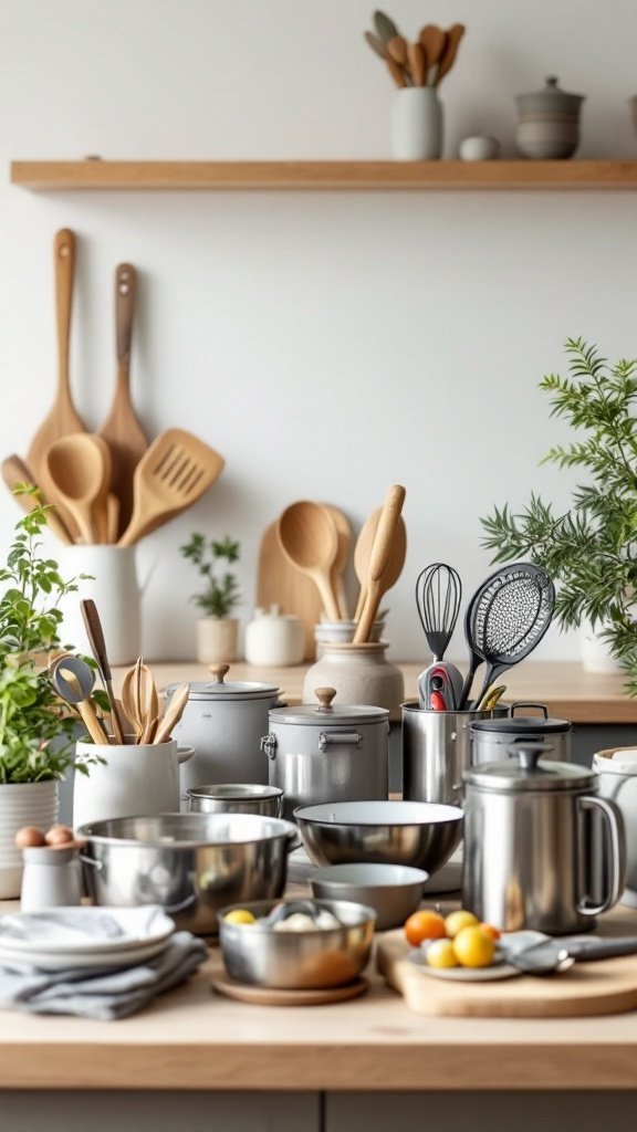 A well-organized kitchen counter featuring various cooking utensils and pots, showcasing tools that assist in meal preparation.