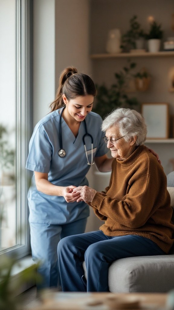 Home health aide assisting a senior woman in a cozy living room setting.
