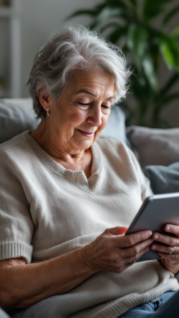 An older woman using a tablet while sitting on a couch, surrounded by a cozy setting.