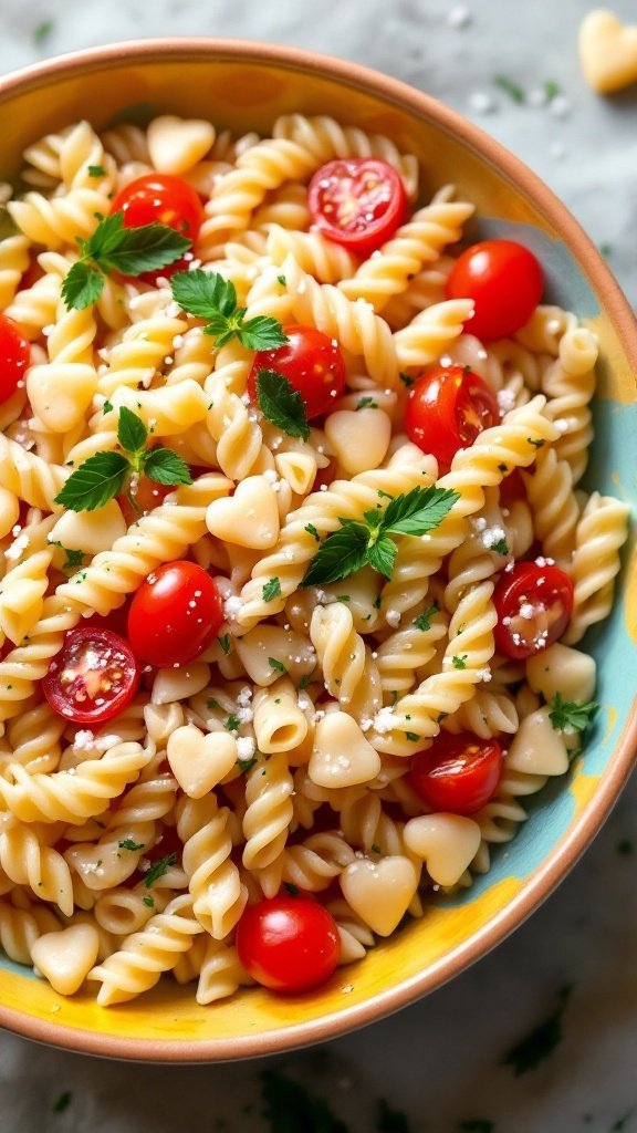 A colorful bowl of pasta salad featuring heart-shaped pasta, cherry tomatoes, and fresh herbs.