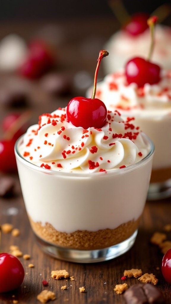 Delicious pudding cups with graham crust, topped with whipped cream and cherries.