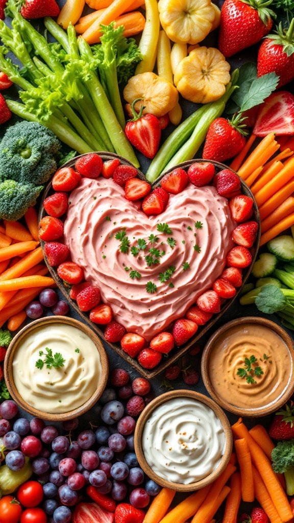 A colorful veggie platter featuring a heart-shaped dip surrounded by fresh vegetables and various dips.