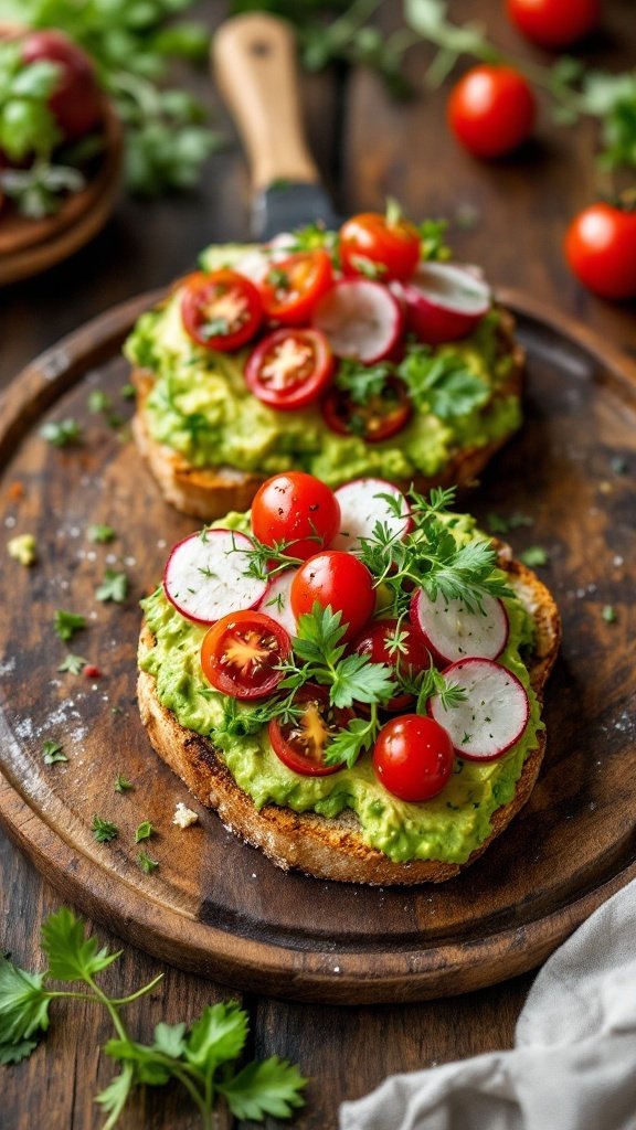 Delicious vegan avocado toast topped with cherry tomatoes and radishes on a wooden plate.