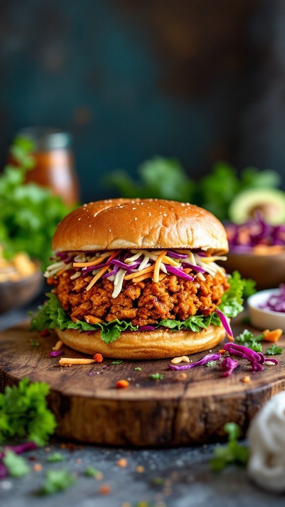Vegan BBQ jackfruit sandwich with sesame seed bun, shredded jackfruit, and fresh vegetables on a wooden serving board.