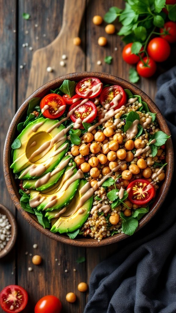 A vibrant vegan Buddha bowl featuring avocado, cherry tomatoes, chickpeas, and grains.