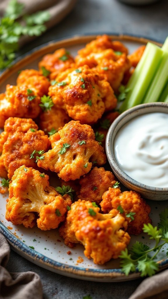 A plate of crispy vegan cauliflower buffalo wings with celery sticks and a bowl of creamy dip