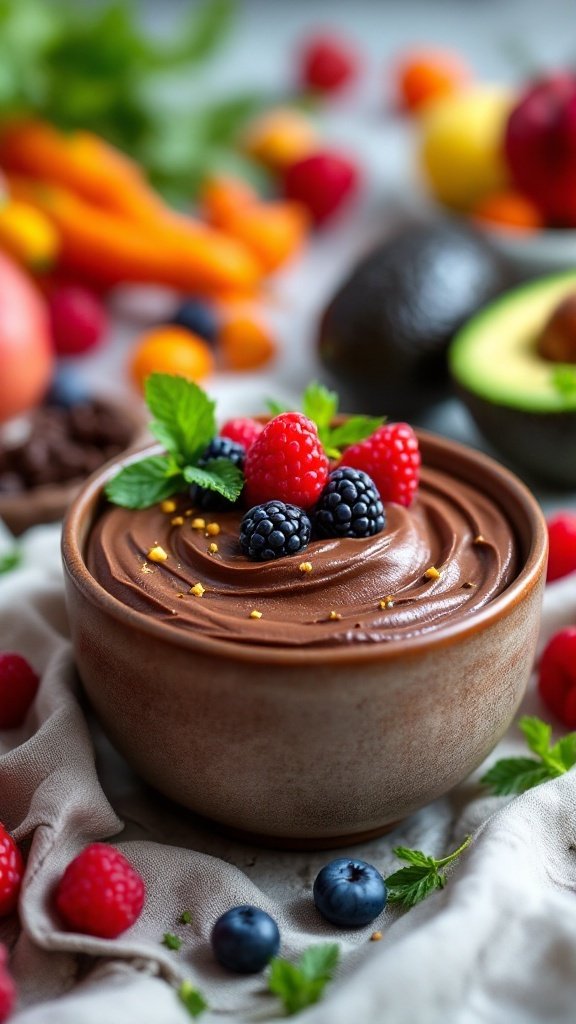 A bowl of vegan chocolate avocado mousse topped with fresh berries and mint.