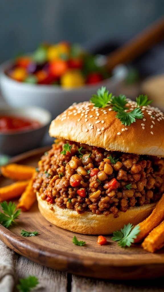 A close-up of a vegan lentil sloppy joe on a sesame seed bun, garnished with fresh herbs, served with sweet potato fries.