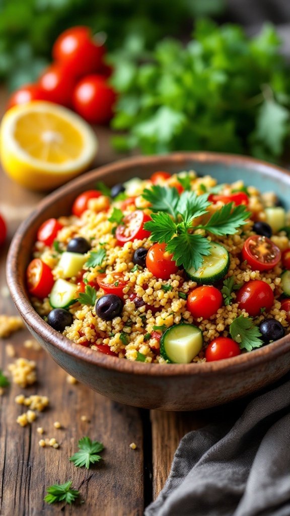 A bowl of Vegan Mediterranean Quinoa Salad with cherry tomatoes, cucumbers, black olives, and fresh parsley, garnished with a lemon slice.