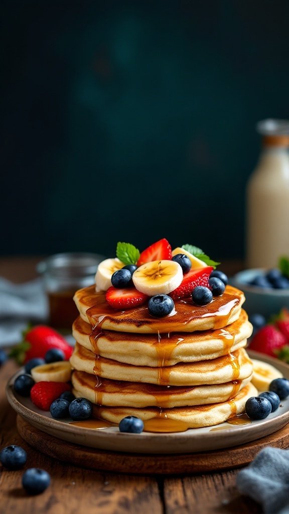 A stack of vegan pancakes topped with fresh fruits and syrup