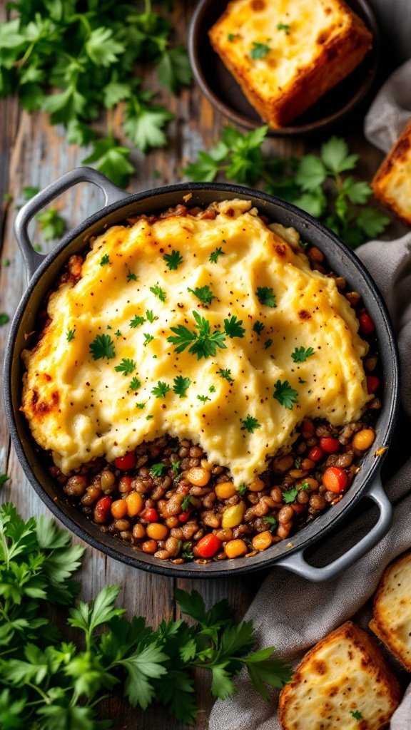 A delicious vegan shepherd's pie with a golden mashed potato topping and a hearty lentil filling, garnished with parsley.