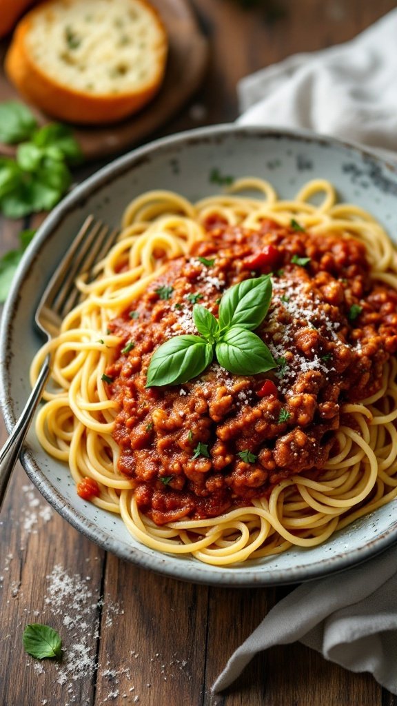 A plate of vegan spaghetti bolognese garnished with a fresh basil leaf, served on a rustic wooden table.