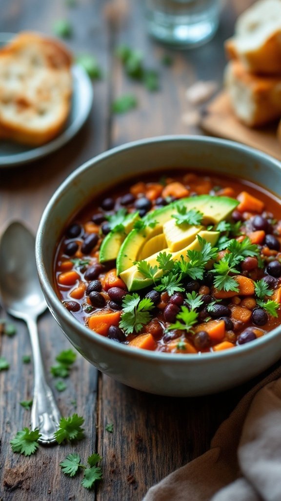 A bowl of vegan sweet potato and black bean chili topped with avocado and cilantro, surrounded by green herbs and slices of bread.