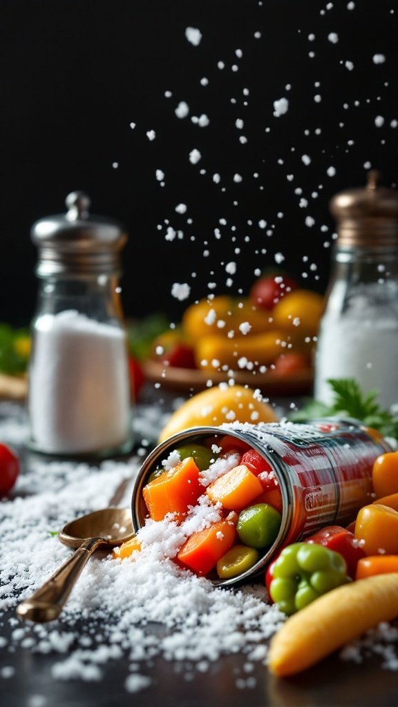 Canned vegetables spilling out with salt scattered around, highlighting high sodium content.